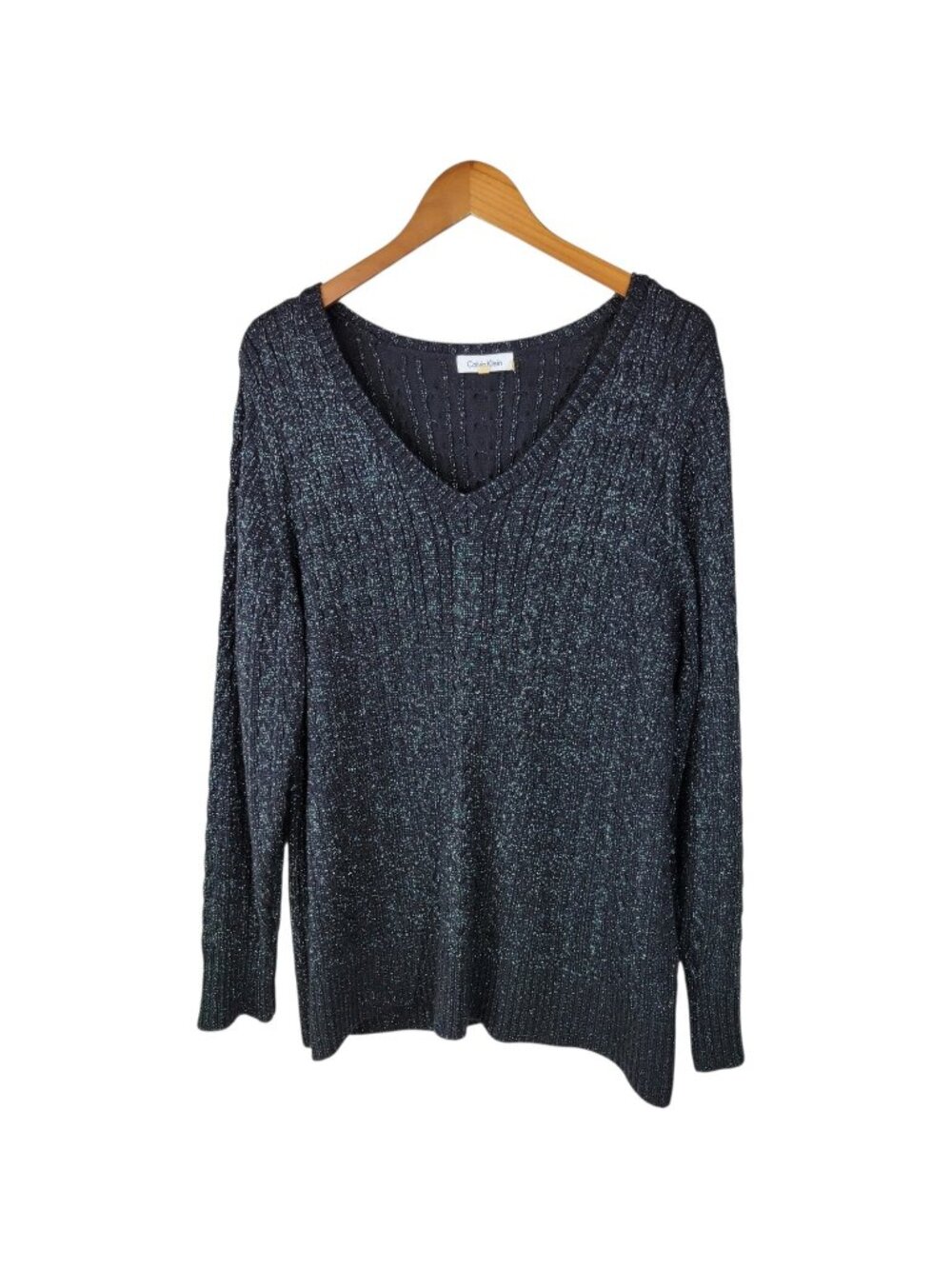 Calvin Klein Sweater Plus 2X V Neck pullover Wool Blend Black Silver Mettalic
